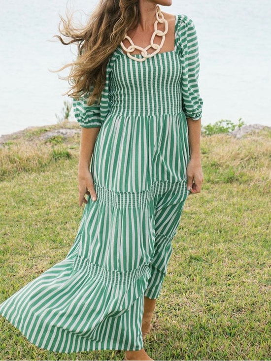 Sunshine Tienda Dresses & Skirts - GREEN AND WHITE STRIPE TULA Square-Neck Maxi Dress - Smocked Bodice NWT